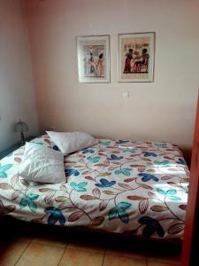 um quarto com uma cama com um cobertor colorido em Cosy house in Galaxidi em Galaxidi