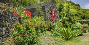 una casa de piedra con una ventana roja y algunas plantas en Casas de Incensos - TER -TA en Pontas Negras