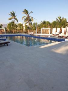 a large swimming pool with chairs and palm trees at Purple Lily Studio Hawana Lagoons Salalah in Salalah