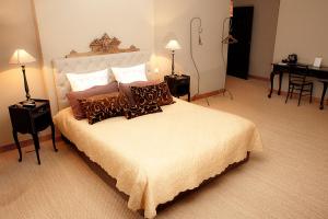 a bedroom with a large bed with pillows on it at Chambres d'hôtes La Masquière in Villefranche-de-Lauragais