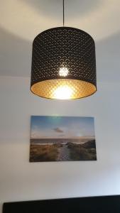 a light hanging from a ceiling with a picture at Goethe 2 - Mitten im Zentrum von Schwerin in Schwerin