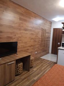 ヴァルナ・シティにあるPrivate Rooms Silviaの木製の壁のリビングルーム(薄型テレビ付)