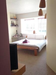 a bedroom with a bed with a window and a tv at The Wookey Hole Inn in Wells