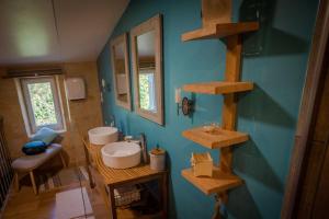 ein Badezimmer mit einer blauen Wand und Holzregalen in der Unterkunft Gîte entre Bordeaux et Saint-Emilion in Génissac