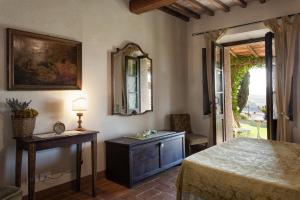 a bedroom with a bed and a mirror on the wall at Agriturismo MONSOLE - Montalcino in Montalcino