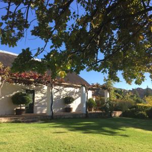 a white house with a thatched roof at Heiveld Farm Cottages in Ceres