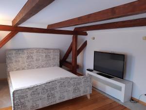 ein Wohnzimmer mit einem Sofa und einem Flachbild-TV in der Unterkunft POD DĘBEM in Cerkiewnik