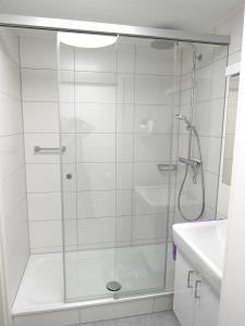 y baño con ducha y puerta de cristal. en Ferienwohnung im Atelierhaus, en Meersburg