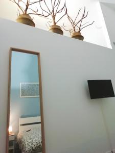 uno specchio su un muro con due piante in cima di Theatron Houses a Catania