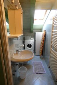 a bathroom with a sink and a washing machine at Casa Al Mesdì in Pozza di Fassa