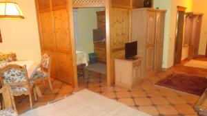 sala de estar con TV encima de una mesa en Hirschenhof, en Graz