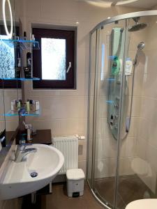 een badkamer met een douche en een wastafel bij Vida Real Estate Feucht in Feucht