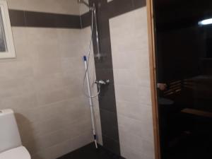 a bathroom with a shower with a toilet in it at Modern Slope Apartment in Vuokatti