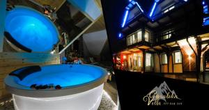 GÓRALSKA VILLA APARTAMENTY Z JACUZZI & HOME SPA & Zakopane في بورونين: حمام مع مرحاض أزرق أمام المنزل