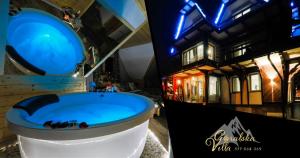 ポロニンにあるGÓRALSKA VILLA APARTAMENTY Z JACUZZI & HOME SPA & Zakopaneのバスルーム(家の前の青いトイレ付)