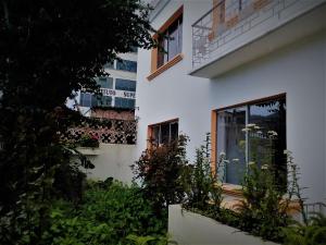 een wit gebouw met planten voor een raam bij Villa Amada a place to relax and take a rest in Loja