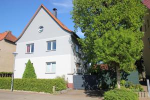 a white house with a tree in front of it at Ferienwohnung Halberstadt in Halberstadt