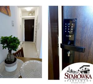 a picture of a room with a table and a microwave at STARÓWKA Apartament Stare Tychy in Tychy