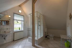 W łazience znajduje się prysznic, toaleta i umywalka. w obiekcie Ski und Biker Hotel Villa Sonnenschein Braunlage am Wurmberg w mieście Braunlage