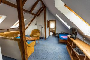 a living room with a couch and a tv at Ski und Biker Hotel Villa Sonnenschein Braunlage am Wurmberg in Braunlage