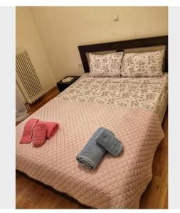 un letto con due asciugamani e due cuscini sopra di Athens Beauty 5 Minutes from Attractions ad Atene
