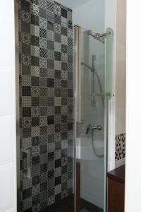 シャートラルヤウーイヘイにあるTündérvirágのバスルーム(ガラスドア付きのシャワー付)