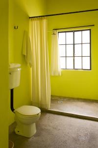 a yellow bathroom with a toilet and a window at Downtown Beds in Mexico City