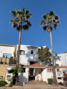 a white house with palm trees in front of it at Aux Moules de Harhoura Rabat in El Harhoura