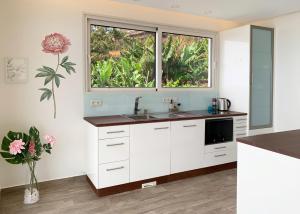 uma cozinha com um lavatório e uma janela em Holiday Apartment Ocean View em Ribeira Brava