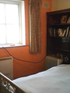una camera da letto con una parete arancione, un letto e una finestra di Harmony Hall Veganic a Kilkenny
