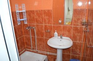 a bathroom with a sink and a toilet and a mirror at Pensiunea Tania in Ranca +50 photos