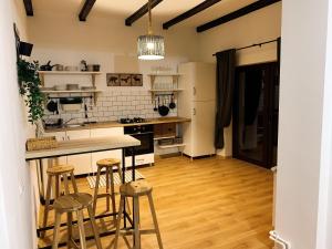 錫納亞的住宿－Nordic Chalet，一间厨房,内设一个柜台和凳子