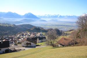 a small town in a valley with mountains in the background at Ferienhaus Fernblick in Fraxern