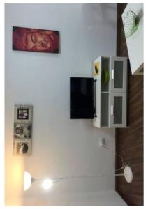 a white wall with a television and pictures on it at Apartamentos cerca del Aeropuerto in Ingenio