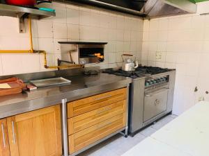 cocina con fogones de acero inoxidable horno superior en Casa en Ushuaia en Ushuaia