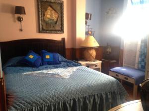 a bedroom with a bed with blue sheets and a lamp at Hotel La Castellana in Santiago