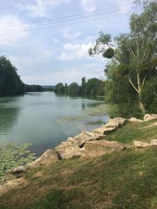 uma vista para um rio com rochas em primeiro plano em Villa l'INSOUCIANCE en Champagne em Vincelles