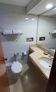 een badkamer met een toilet, een wastafel en een spiegel bij Hotel el Mayo Inn in Culiacán