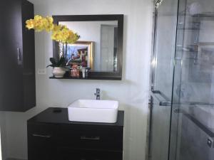 a bathroom with a sink and a shower at Abacus Jamaica the Zana Suites in Kingston