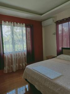 ein Schlafzimmer mit einem Bett und zwei Fenstern in der Unterkunft Villa Cresenciana in Batuan