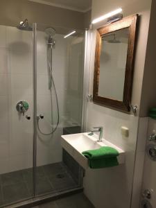 a bathroom with a sink and a shower with a mirror at Ferienresidenz Wurmbergblick in Braunlage