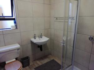 uma casa de banho com um lavatório e um chuveiro em Home @ Harry's em Pretoria