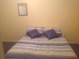 uma cama com duas almofadas azuis e brancas em Wylie Stays em Wyalkatchem