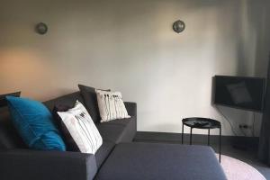 ein Wohnzimmer mit einem Sofa und einem TV in der Unterkunft Landelijk appartement in een mooi recreatiegebied in Abcoude