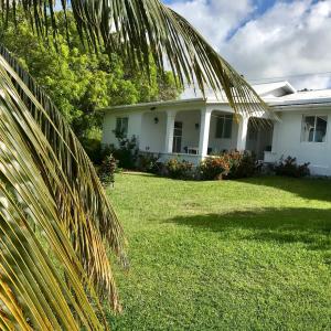 a white house with a palm tree in the yard at Romantic Cottage in Sauteurs +17 photos