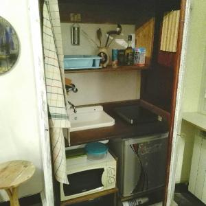 uma pequena cozinha com um lavatório e um micro-ondas em Studiocasarte em Ovada