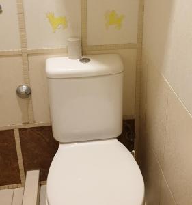 a white toilet in a bathroom with stickers on the wall at Квартира в центре Сочи в первых домах от моря с евродизайнерским ремонтом in Sochi