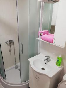 Vrnjačka BanjaにあるPremiumPlus Apartmanのシャワー、洗面台、鏡を備えたバスルーム