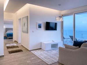 a living room with a couch and a tv at Holiday Apartment Ocean View in Ribeira Brava