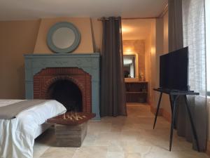 a bedroom with a fireplace with a tv and a bed at EN VILLE À LA CAMPAGNE in Louhans